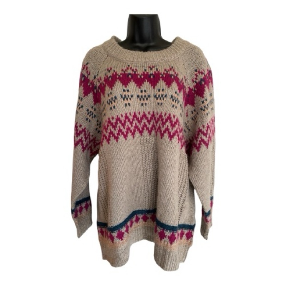 Gigio Oversized Mocha Fair Isle Knit Crewneck Sweater Size S - Picture 1 of 7